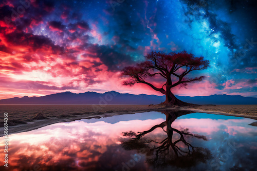 Fabulous night illustration of a lone tree against a bright starry sky