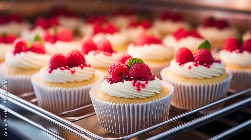 A neat display of raspberry cupcakes with whipped cream on a baking sheet in the bakery oven. Delightful baked cakes; frosting  pastry snack for festive seasons; horizontal poster for recipe books