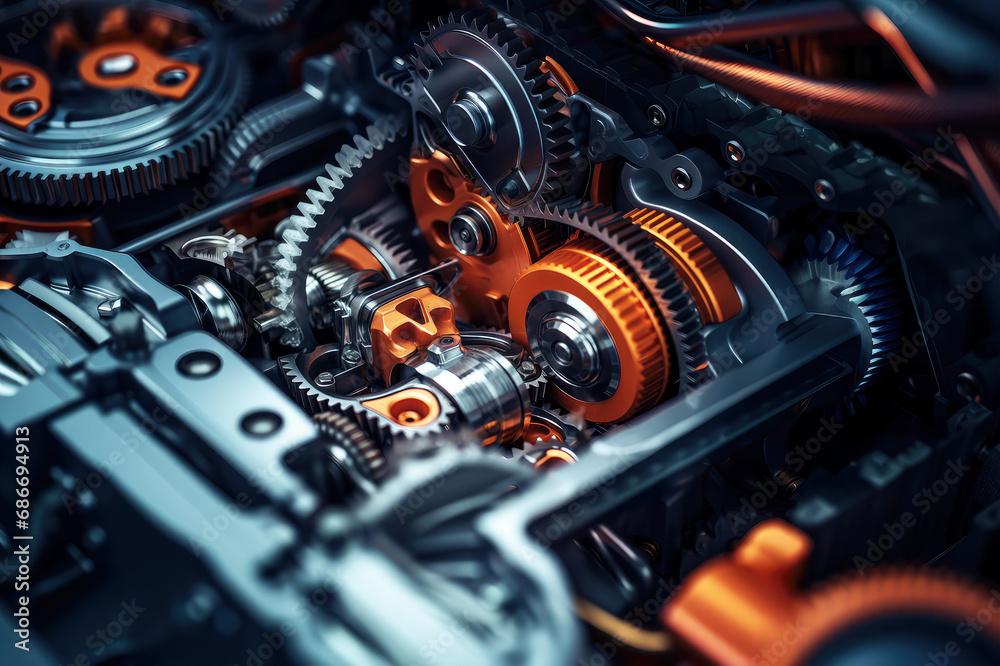 Fototapeta premium Engine with cogwheels and gears working. Industrial close-up