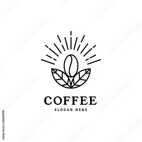 coffee cafe logo illustration design template. coffee bean with plant branch hipster minimal logo vector with leaf simple line outline icon for cafe