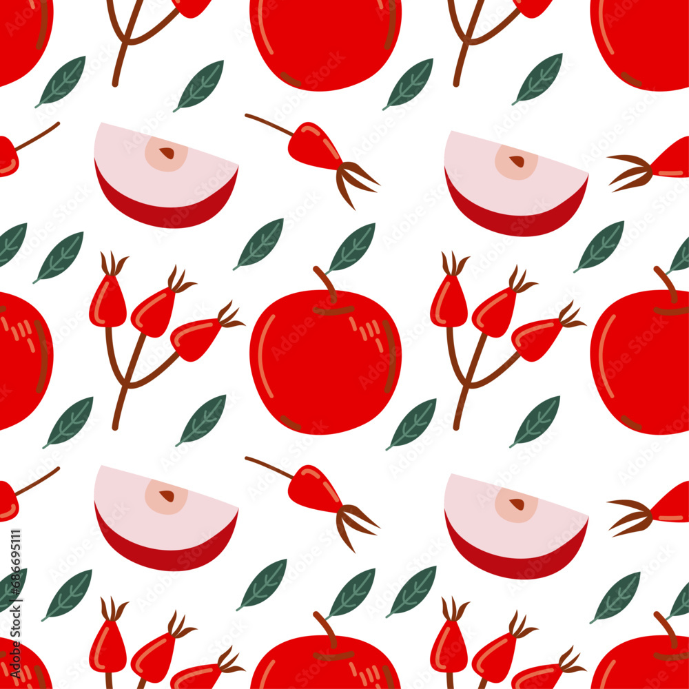 Seamless vector fruit pattern red apples and rosehip berries 2