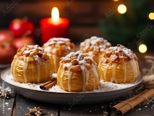 Delicious handmade German baked apples with marzipan and dried fruit, served on a ceramic plate in a festive kitchen expressing the warmth and joy of Christmas and New Year culinary tradition