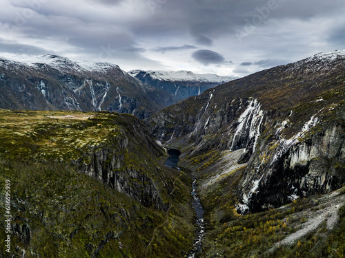 A typical Norwegian scenic landscape with a canyon near Vøringfossen waterfall, drone view