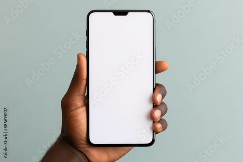 Portrait of african american guy holding big smartphone with white blank mock up screen photo