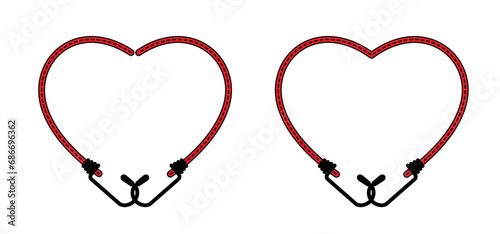 Valentine, valentines day. Love heart with elastic with hook. Cord with Hooks. Spider sign. Rope icon. For Braided elastic strap with hooks. Elastic band. Bungee cords. Rubber strap with steel hooks. 