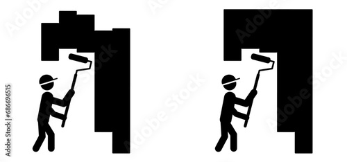 Cartoon stickman, stick figure man with color paint roller. Vector home improvement or house renovation. People painting interior wall with paint rollers and repairing. Handyman, tools icon.