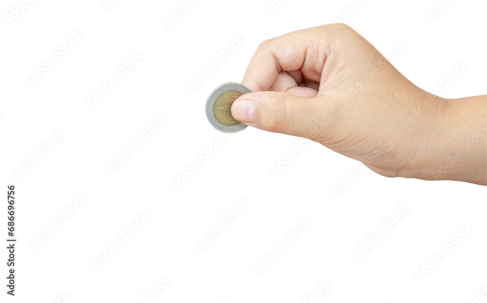 Child or kid hand holding coin isolated with clipping path Concept of saving money for the future or money growth Child or kid hand holding coin isolated with clipping path Concept of saving money for the future or money growth