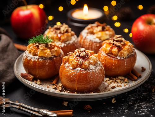 Delicious handmade German baked apples with marzipan and dried fruit, served on a ceramic plate in a cozy and festive kitchen expressing the warmth and joy of Christmas and New Year culinary tradition