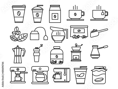 Coffee and Tea Icon Pack Line Art Style. Beverage Equipment for Cafes and Restaurants.