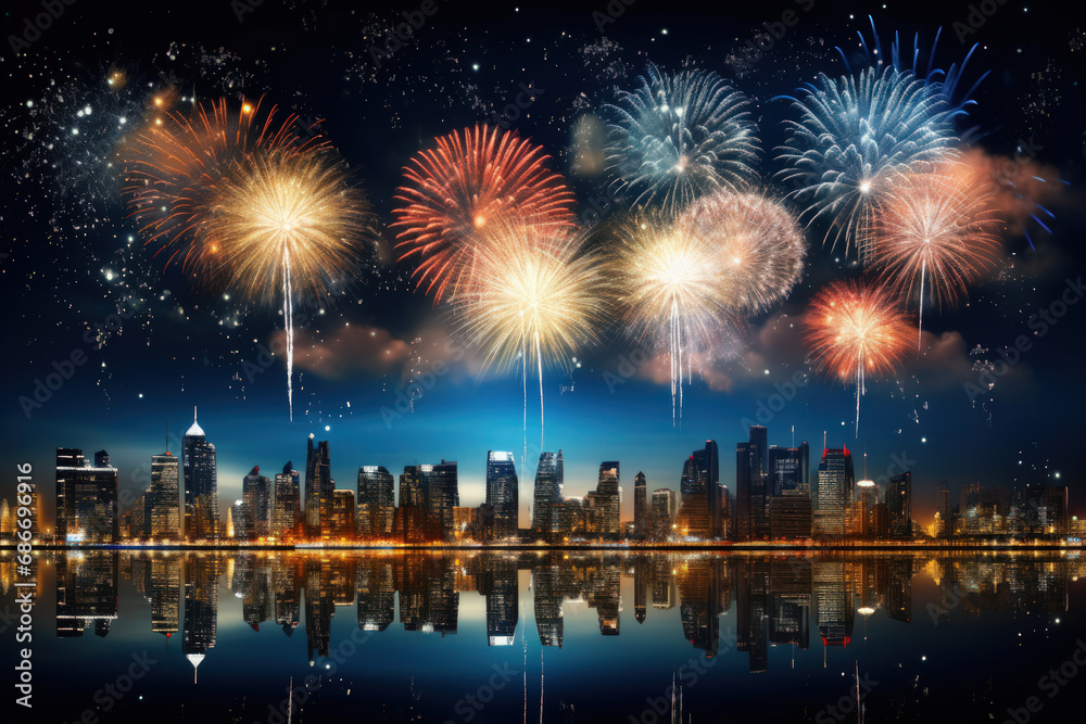 Obraz premium Happy new year concept. City and firework on night sky background. Generative ai.
