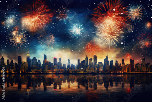 Happy new year concept. City and firework on night sky background. Generative ai.