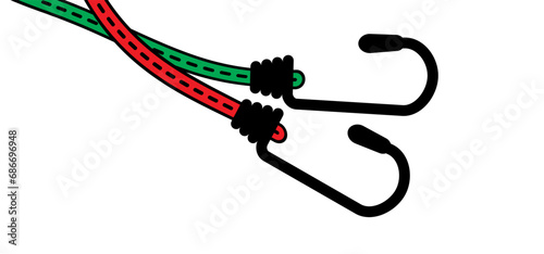 Drawing cartoon, elastic with hook. Cord with Hooks. Bungee spider sign. Rope icon. For Braided elastic strap with hooks. Elastic band. Bungee cords. Rubber strap with steel hooks. For car or bike.