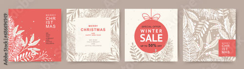 Winter holidays square template. Merry Christmas cards with fir branches, mistletoe, winter floral elements. Winter sale. Vector illustration for card, advertisement, banner, social media post, poster