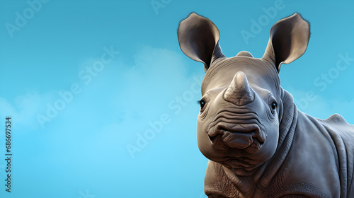 A very cute and funny young gray rhinoceros with big ears