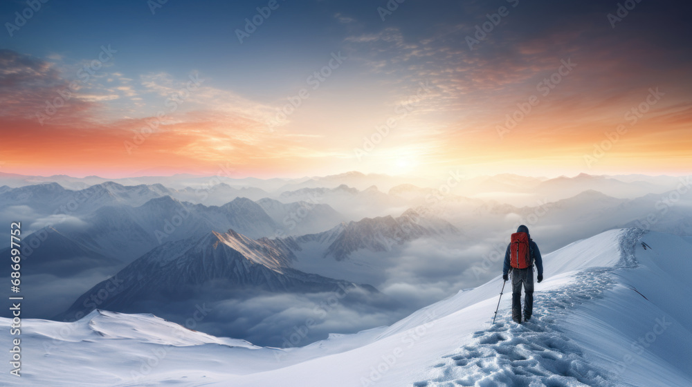 Alpinist on icy mountain ridge, sunrise