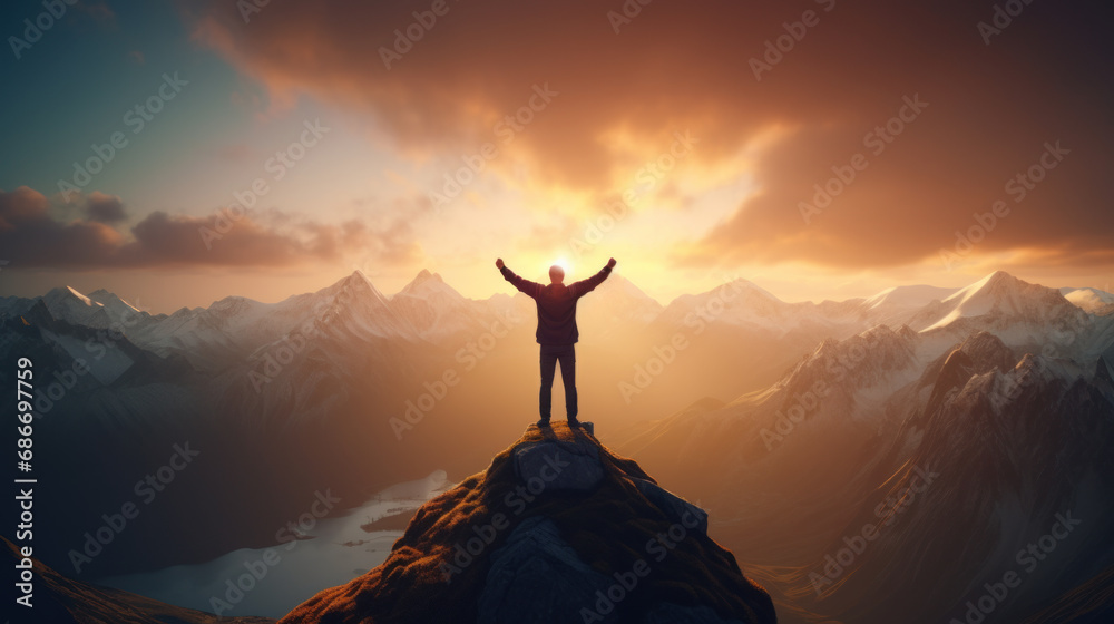 Man on top of the cliff - success, achievement concept - obrazy, fototapety, plakaty 