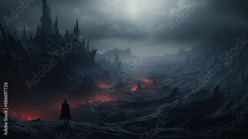 Dark sinister landscape with lava and gloomy mountains, night scene