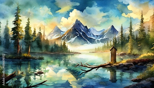 Digital serene water painting of the Canadian wilderness during springtime.