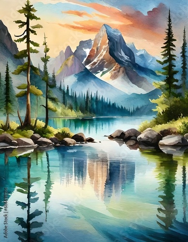 Digital serene water painting of the Canadian wilderness during springtime.