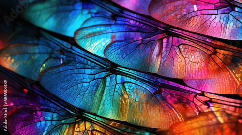 Multi-colored, vibrant abstract texture, wing of psychedelic dragonfly under microscope photo