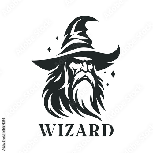 Bearded wizard logo. Warlock symbol. Wise magician emblem. Mystical sorcerer icon. Vector illustration.