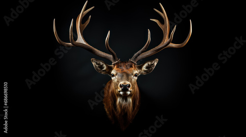 Stuffed deer head with big antlers on dark background