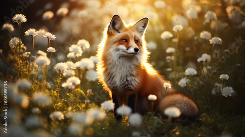 Fluffy red fox in flowering meadow © Kondor83
