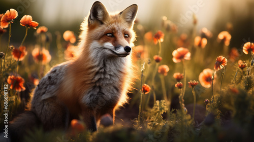 Fluffy red fox in flowering meadow © Kondor83
