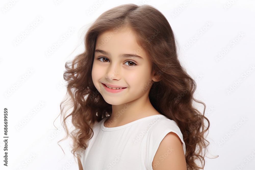 Adorable Girl Kid Smiling with Clean Teeth: Cute Young Girl Portrait on White Background, generative ai Adorable Girl Kid Smiling with Clean Teeth: Cute Young Girl Portrait on White Background, generative ai