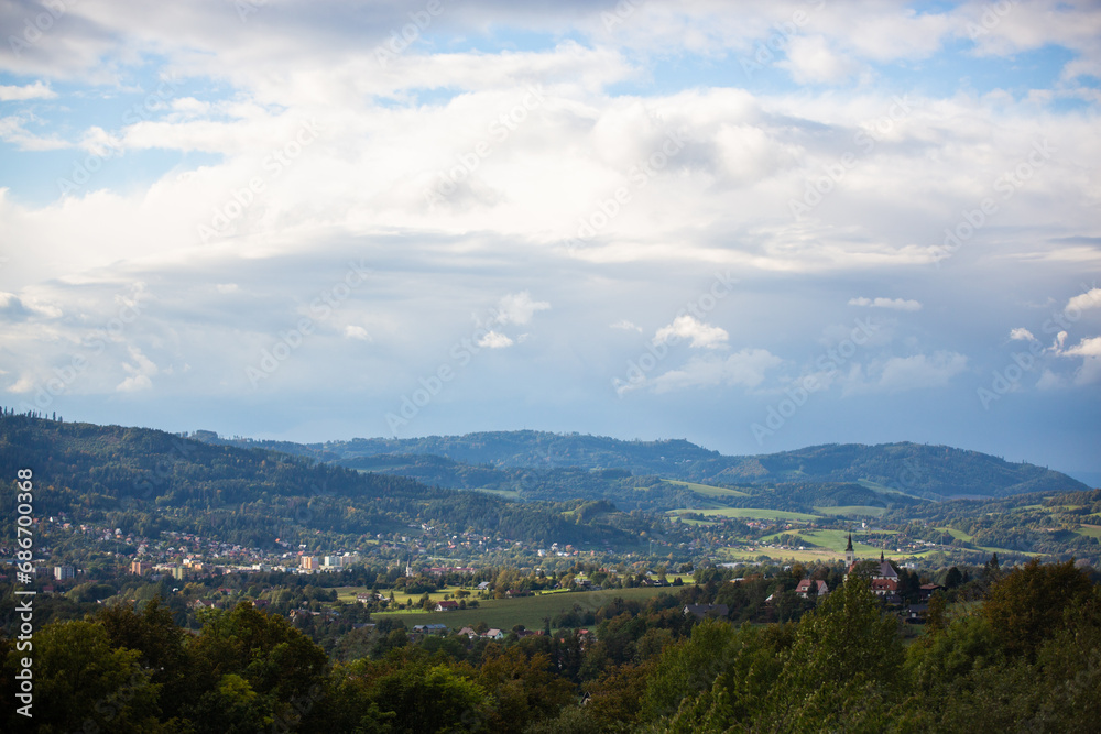 A panorama of Malenovice with beautiful lighting and clouds