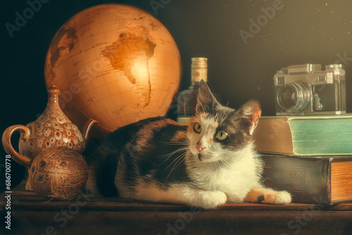 tricolor cat among old things in the sunlight and dust photo