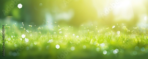 Symphony of nature. Vibrant green meadow bathed in morning sunlight and dew drops. Celestial glow. Bright green embracing warmth of summer