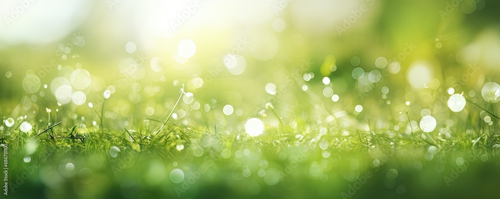 Symphony of nature. Vibrant green meadow bathed in morning sunlight and dew drops. Celestial glow. Bright green embracing warmth of summer Symphony of nature. Vibrant green meadow bathed in morning sunlight and dew drops. Celestial glow. Bright green embracing warmth of summer