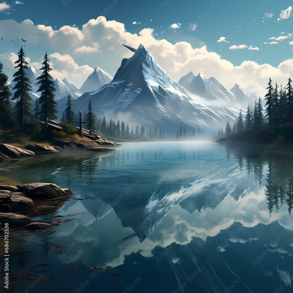 a serene mountain lake with a reflection of the surrounding peak