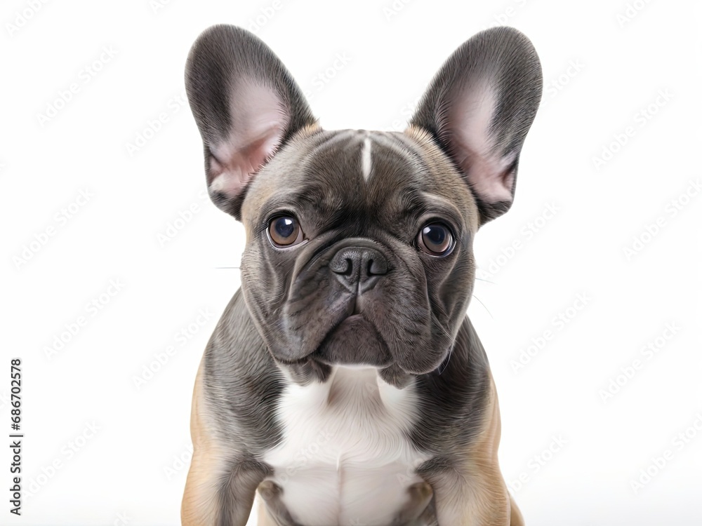 Rostro de bulldog francés, mirando hacia la cámara, sobre fondo blanco 