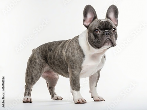 bulldog francés parado, mirando hacia la derecha, sobre fondo blanco  © Jomizu