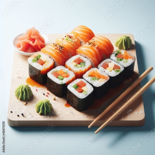 sushi with salmon on a plate on simple background