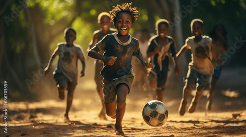 Black kids playing soccer on dirt in Africa. Action shot. Running. Concept of Passion for the Game, Youthful Energy, and the Universal Love for Soccer. photo