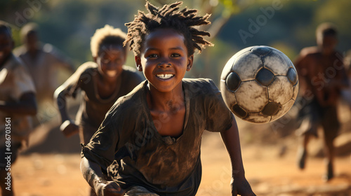 Black kids playing soccer on dirt in Africa. Action shot. Running. Concept of Passion for the Game, Youthful Energy, and the Universal Love for Soccer. © Lila Patel