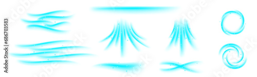 Set of blue flows showing cold air conditioner direction. Mesh gradient with snowflakes Isolated on transparent background element