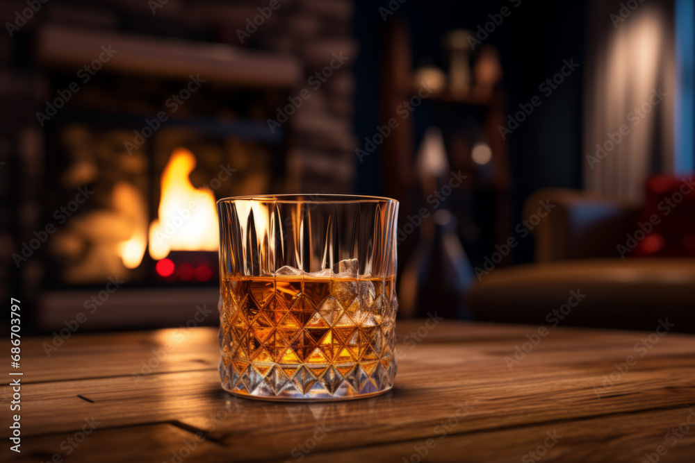 Glass of cognac or whiskey. Blur burning fireplace background. Glass of cognac or whiskey. Blur burning fireplace background.