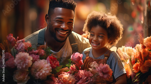 Black dad with flowers giving to daughter. Concept of Love and Affection, Parental Bonding, and Heartfelt Gestures. © Lila Patel
