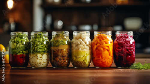 Autumn seasonal pickled or fermented vegetables in jars placed in row over vintage kitchen drawer, white wall background