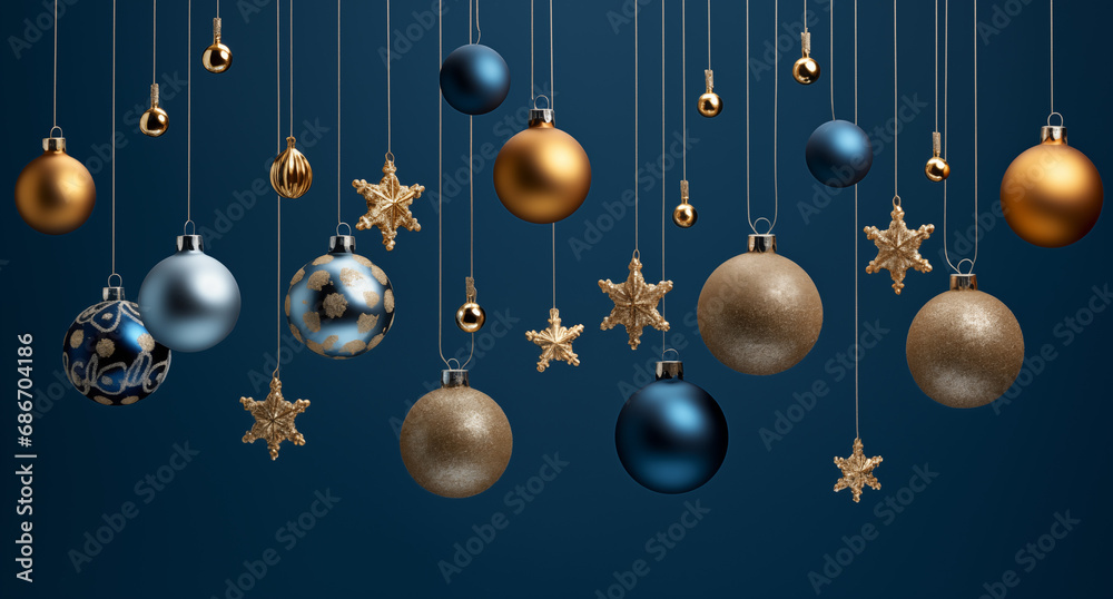 Christmas and New Year background with gold and blue decorations, balls, stars and confetti. Top view, flat lay, copy space. Christmas and New Year background with gold and blue decorations, balls, stars and confetti. Top view, flat lay, copy space.