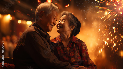 Asian seniors in love, celebrating on New Year's Eve amidst fireworks explosion. Happy. Concept of Everlasting Love, Joyful Milestones, and Shared Moments of Celebration.