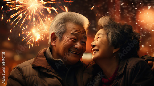 Asian seniors in love, celebrating on New Year's Eve amidst fireworks explosion. Happy. Concept of Everlasting Love, Joyful Milestones, and Shared Moments of Celebration.