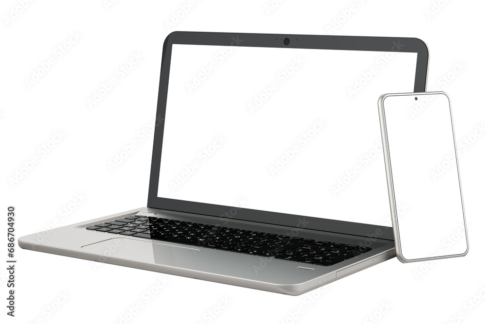 Fototapeta premium Laptop and smartphone, 3D rendering isolated on transparent background