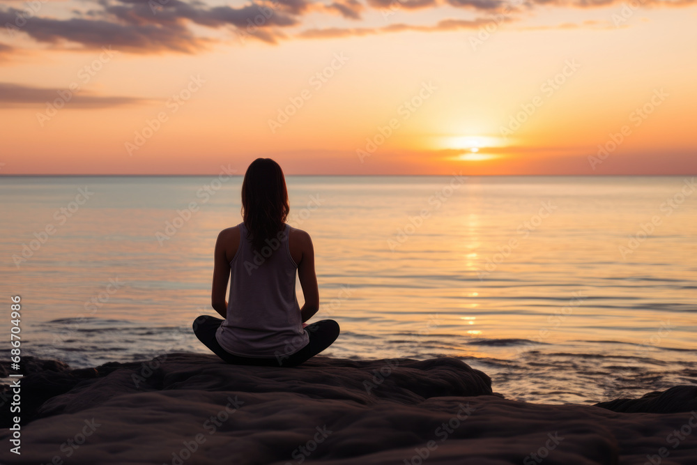 Woman practicing yoga during a calm sunrise by the sea