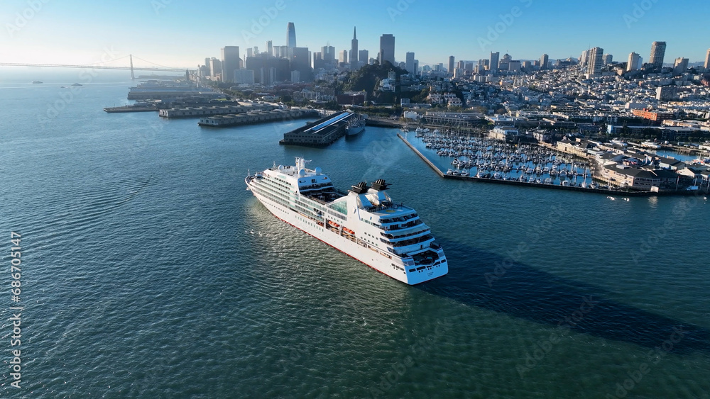 Cruise Ship At San Francisco In California United States. Megalopolis Downtown Cityscape. Business Travel. Cruise Ship At San Francisco In California United States. 