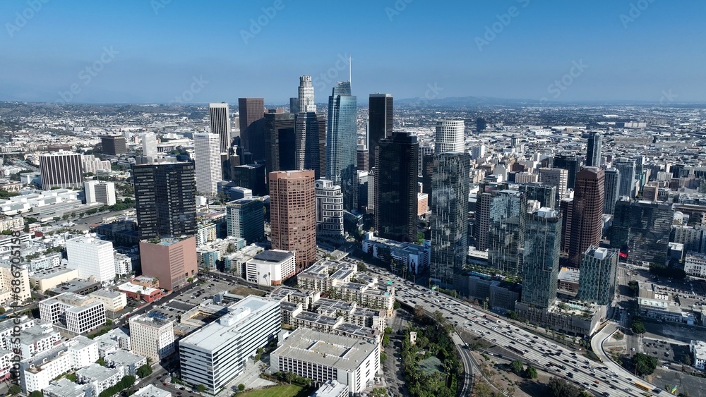 Fototapeta premium Highrise Buildings At Los Angeles In California United States. Business Travel Landscape. Highrise Buildings. Highrise Buildings At Los Angeles In California United States. 